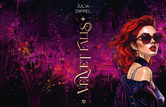 Das Buchcover zeigt eine Frau mit roten, lockigen Haaren und Sonnenbrille, vor einem bunten, violetten Hintergrund mit Spritzern. Der Titel „Velvet Falls“ ist in goldener Schrift vertikal platziert.