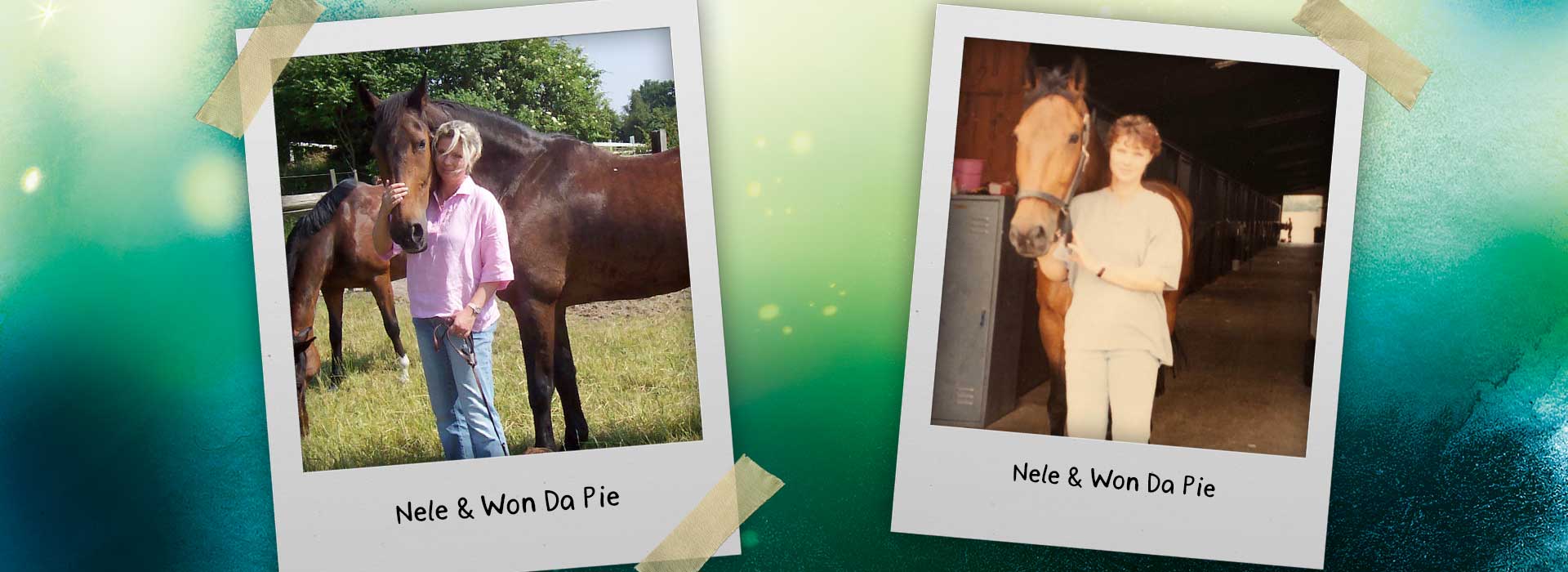 Auf der Grafik sind zwei Fotos zu sehen: Links: Nele auf der Weide mit braunem Won da Pie. Rechts: Nele im Stall mit Won da Pie.