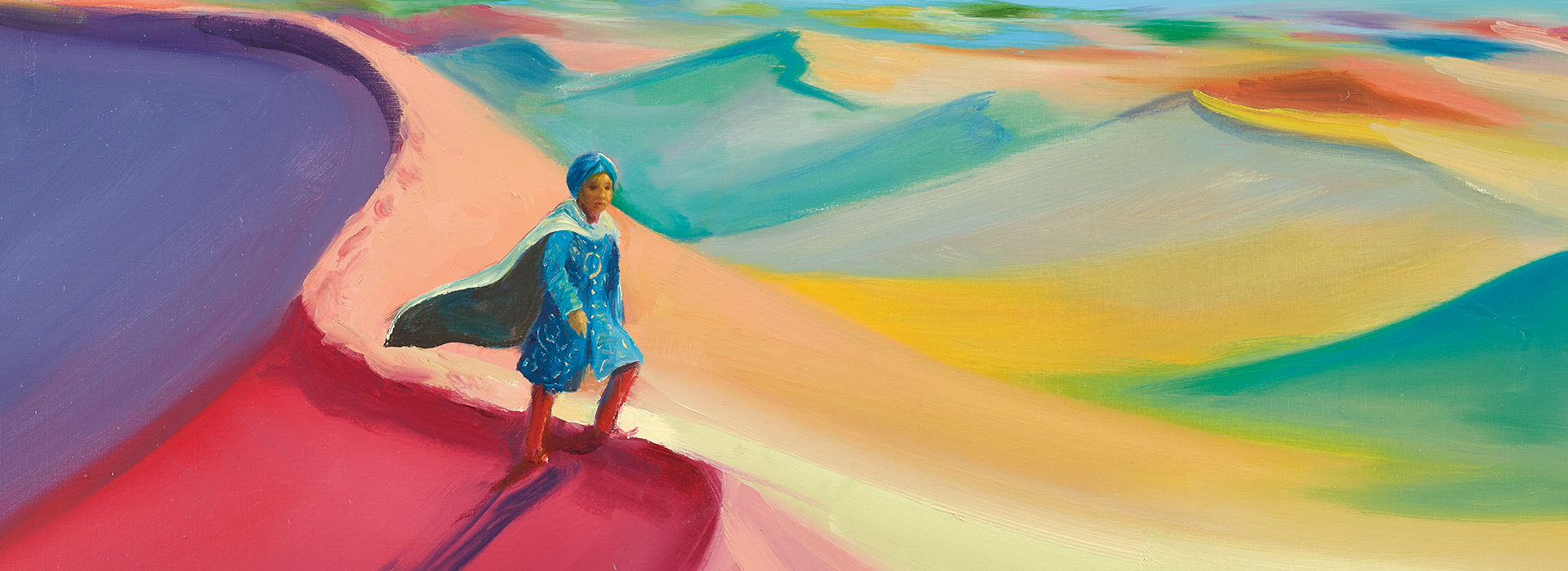 Gemalte Szene aus der Schmuckausgabe: Eine Figur in einem blauen Umhang steht auf einer farbenfrohen, wellenartigen Wüsten-Landschaft, die in kräftigen Pastelltönen leuchtet.